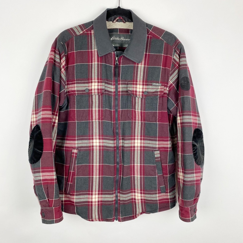 Eddie Bauer‎ Mens Plaid Sherpa Lined Flannel Shirt Jacket Burgundy Gray Size M